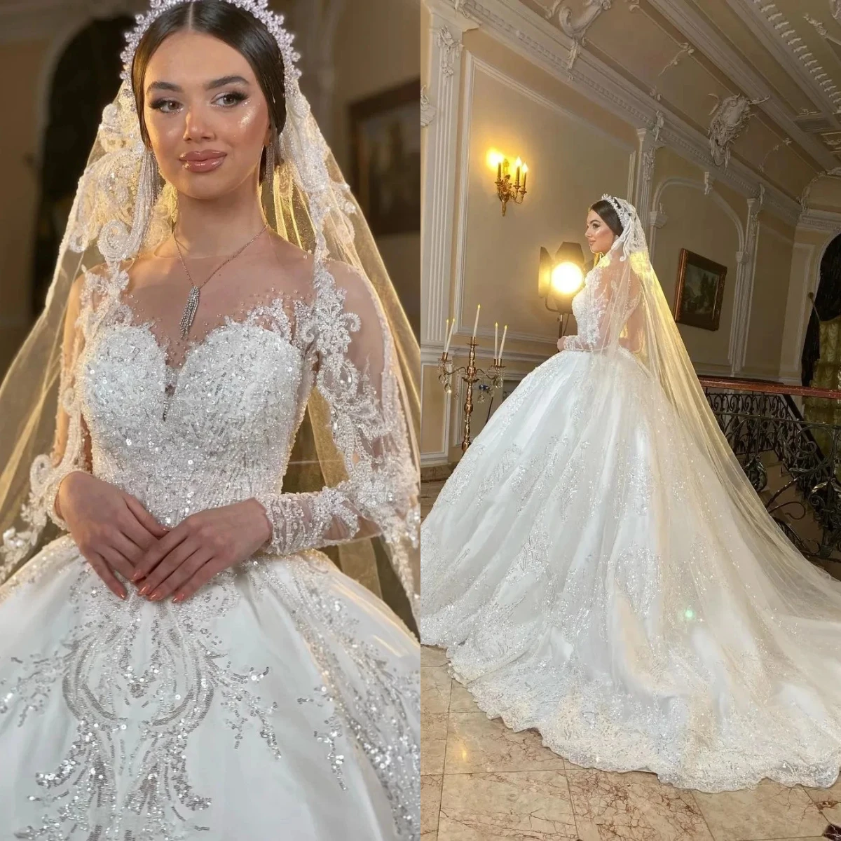 Luxury Ball Dress Wedding Dress Sexy V-neck Long sleeved Lace Decal Lace Bridal Dress Sweep Train Vestido De Novia Customized