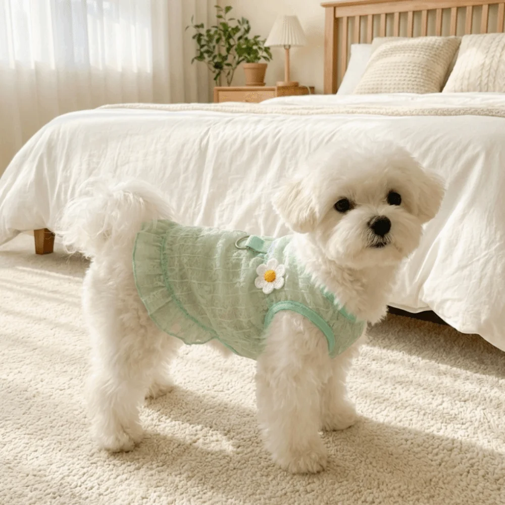 

Flying Sleeves Dog Cool Dress Ultra-thin Breathable Mesh Sun Protection Vest with D-Ring Floral Pattern Pet Floral Skirt