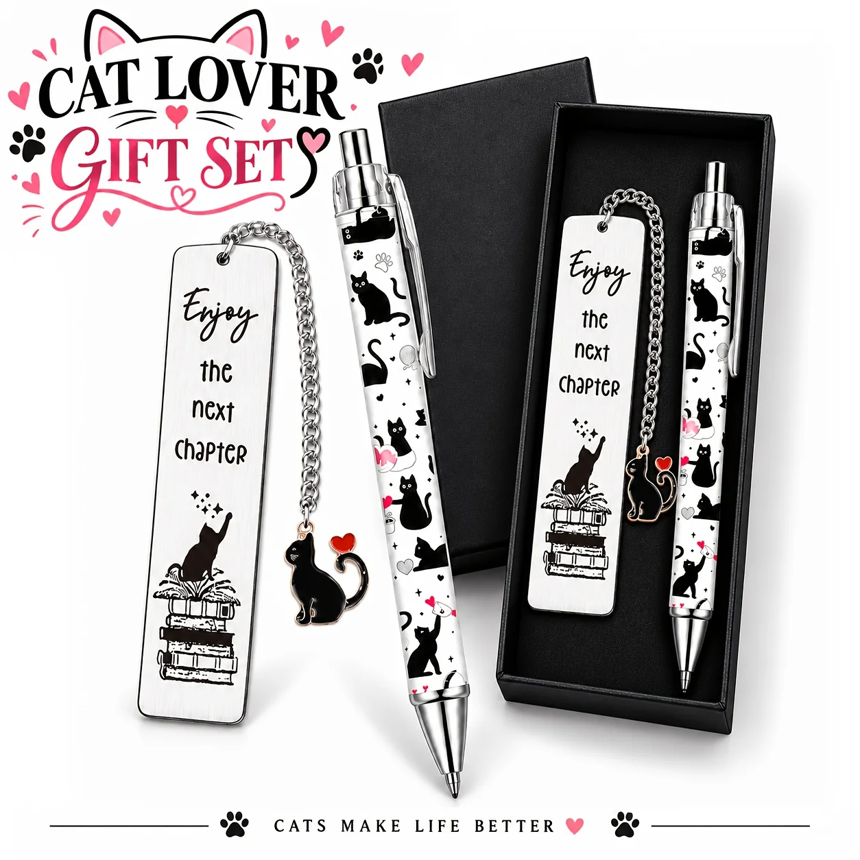 3 Pcs Cat Lover's Ballpoint Pen cat-shaped Heart Charm Bookmark Includes Gift Box Christmas Gift For Book Lovers Readers Student