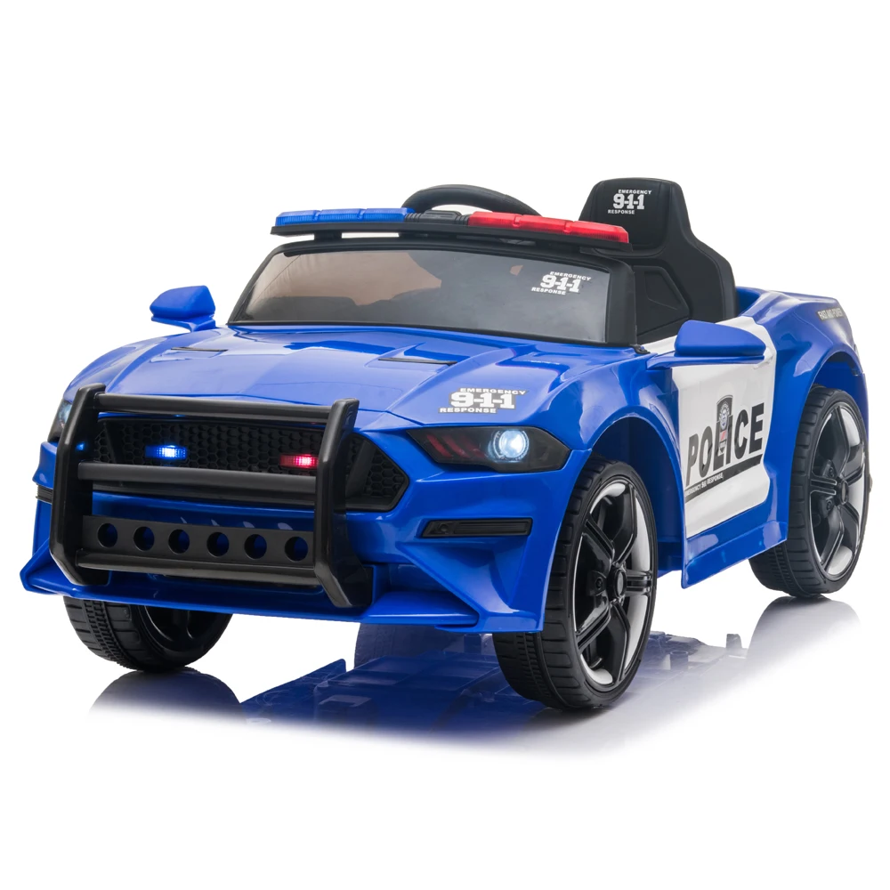 Voiture de sport de police pour enfants, télécommande 2.4GHz, lumières LED, sirène, microphone, bleu, 12V