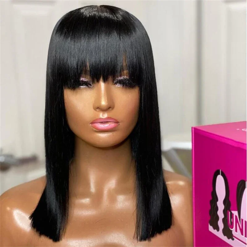 

Black 26 Inch Glueless Long Silky Straight Machine Wig With Bangs For Black Women Heat Resistant Baby Hair Preplucked Daily WIgs