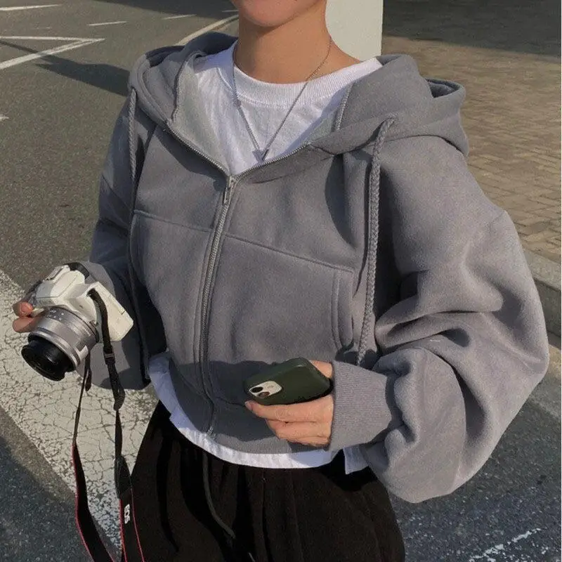 Meisje Ins Herfst Winter Korte Stijl Grijze Kapmantel Mode Losse Rits Hoodie Student Veelzijdige Minimalistische Nieuwe Tops Groothandel