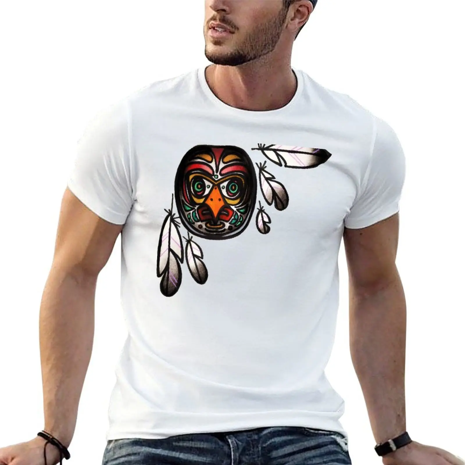 northwest native, haida inspired owl mask with feathers, tattoo art shirt T-Shirt Sport Basic Moisture Wicking Tee