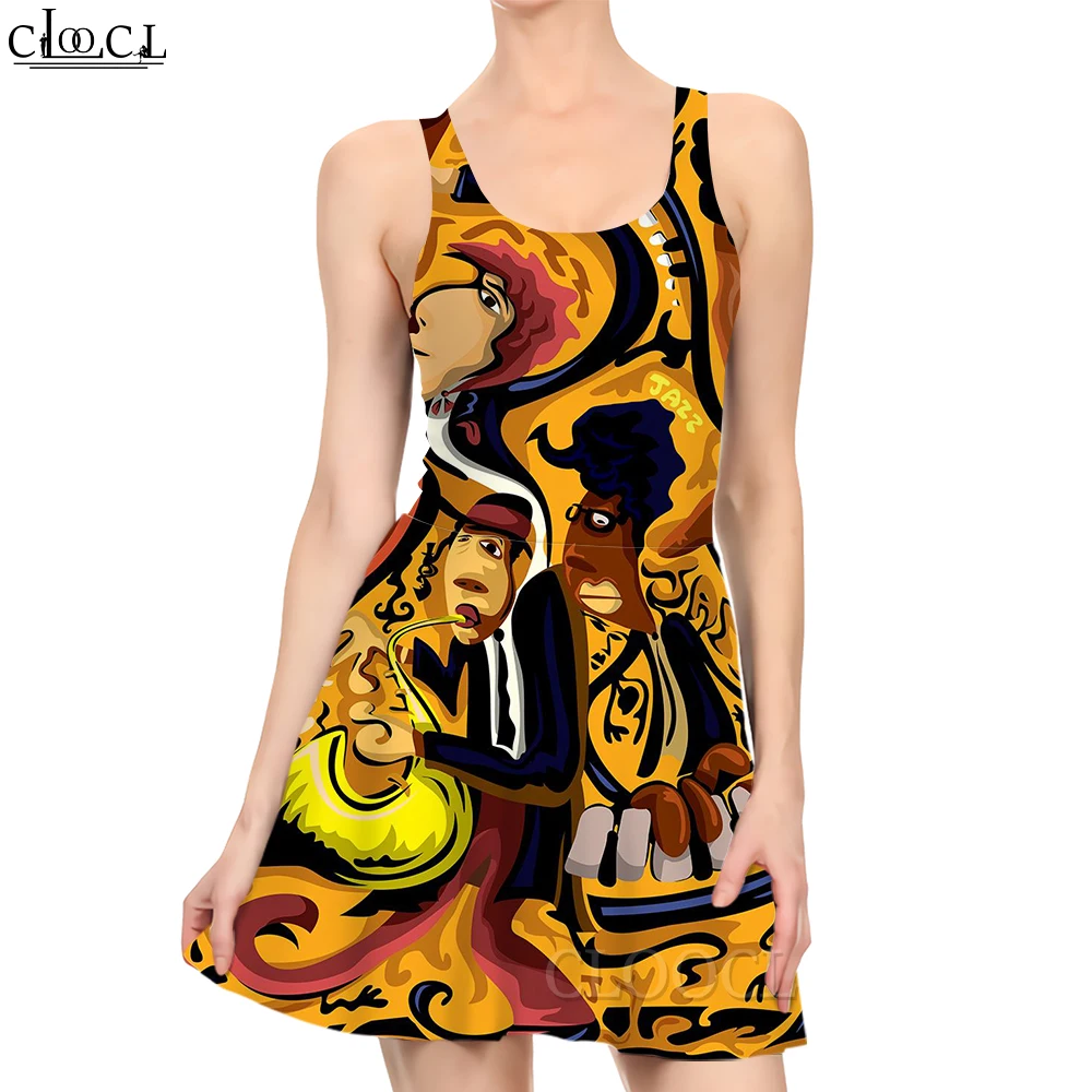 

CLOOCL Dress Retro Painting Print Mini Dress Female Sleeveless Knee Length Princess Dress Sexy Beach Clothes Vintage Style