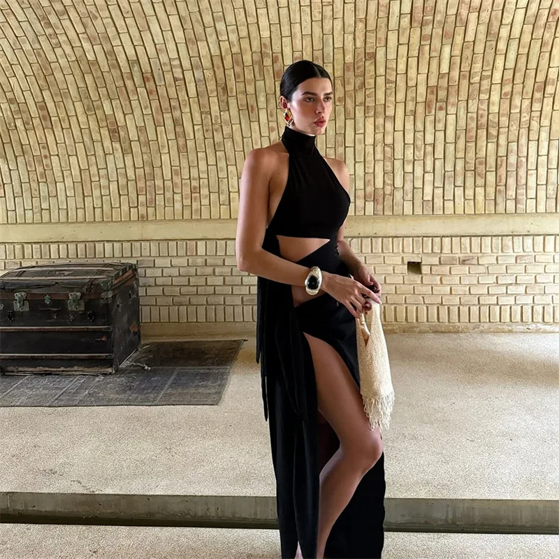 暗号化されたエレガントなノースリーブスリット入りマキシドレス、パーティータイディテール、セクシーなホルターネック、バンデージ、バックレス、カットアウト、ロングドレス、シックなガウン