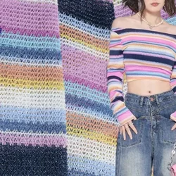 Colorful Striped Hollow Elastic Jacquard Knitted Fabric Bohemian High-quality Clothing Handmade DIY Design Fabric Cloth By Yard