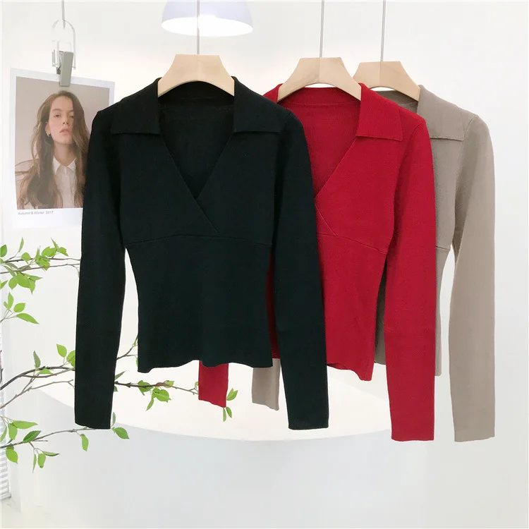 6356 Elastischer, dichter, sexy, süßer, würziger Umlegekragen, Kreuzwickel-Brust, schmale Passform, tiefer V-Ausschnitt, Strickpullover