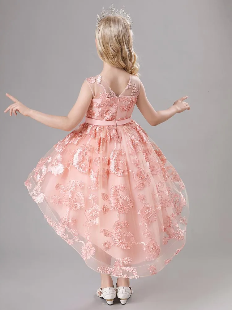 Elegante ärmellose Schleife Gürtel Applikationen Ballkleid Blumen mädchen Kleid Erstkommunion Abschluss ball Herbst fit 3-14 Jahre