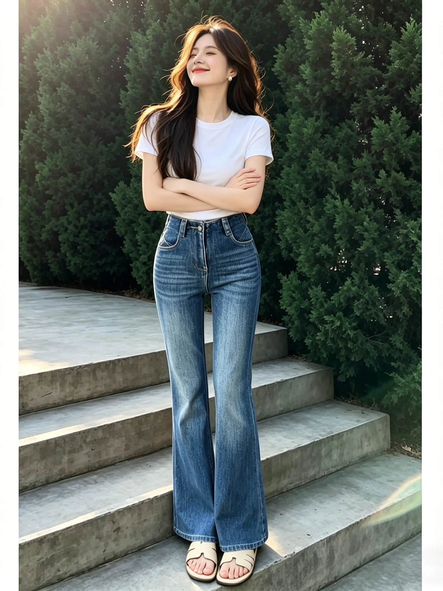 High Waist Slim Fit Micro Flared Jeans Women's Summer High Waist Washed Elastic Drapey Slimming Long Pants