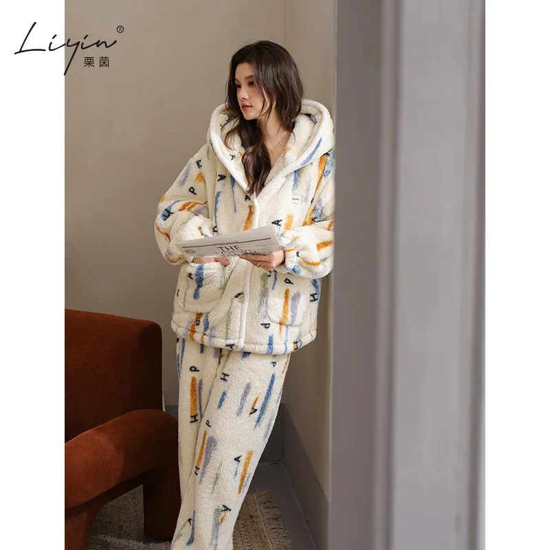 PJs Set Женский пижамный комплект Женские теплые зимние пижамы Модная домашняя одежда, утепленная пижама Милый и мягкий пижамный комплект новый