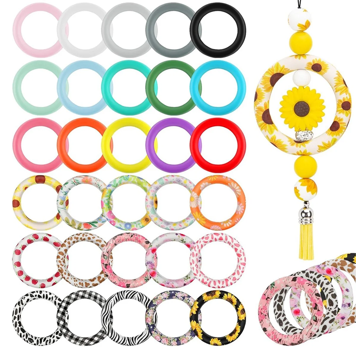 30PCS Silicone O Rings Beads, 65mm Sunflower Beadable Silicone Rings Spring Summer Round Silicone Loop Pendant Beads