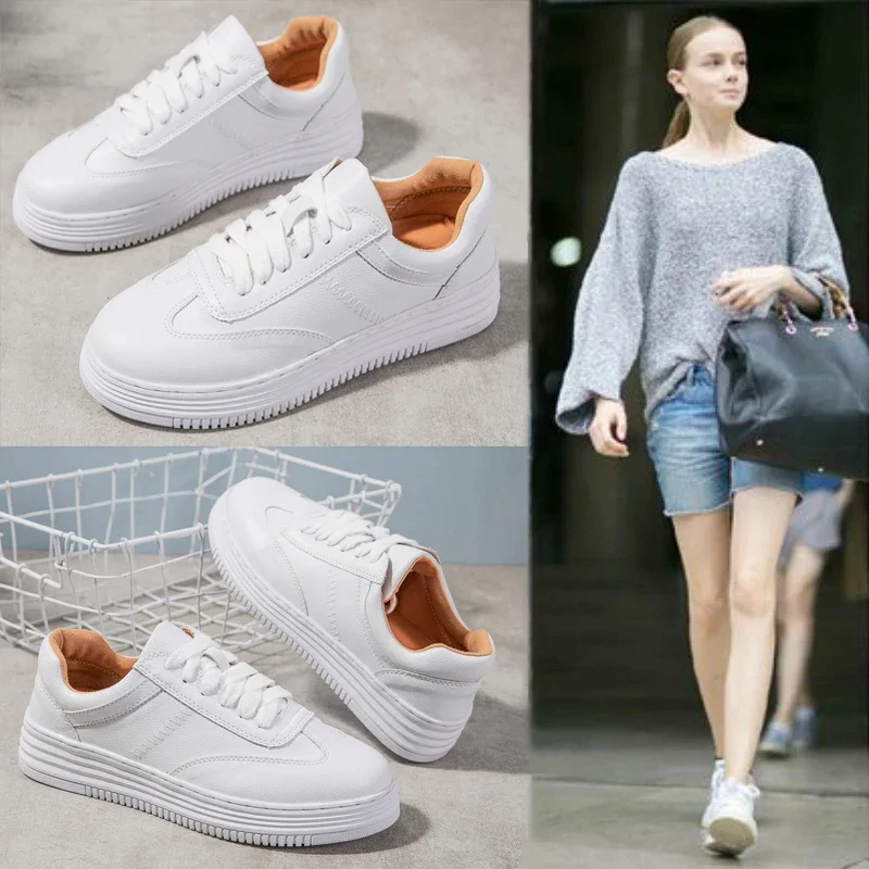 Sapatilhas Chunky de couro branco para mulheres, Lace Up Tennis, Sapatos Plataforma, Moda Casual