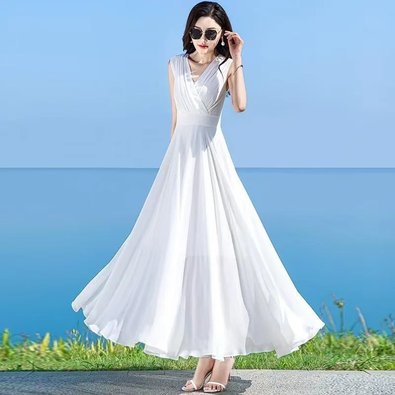 Mulheres vestido de chiffon sólido sem mangas longo balanço boêmio vestido de praia elegante senhoras verão vestido de festa feminino roupas