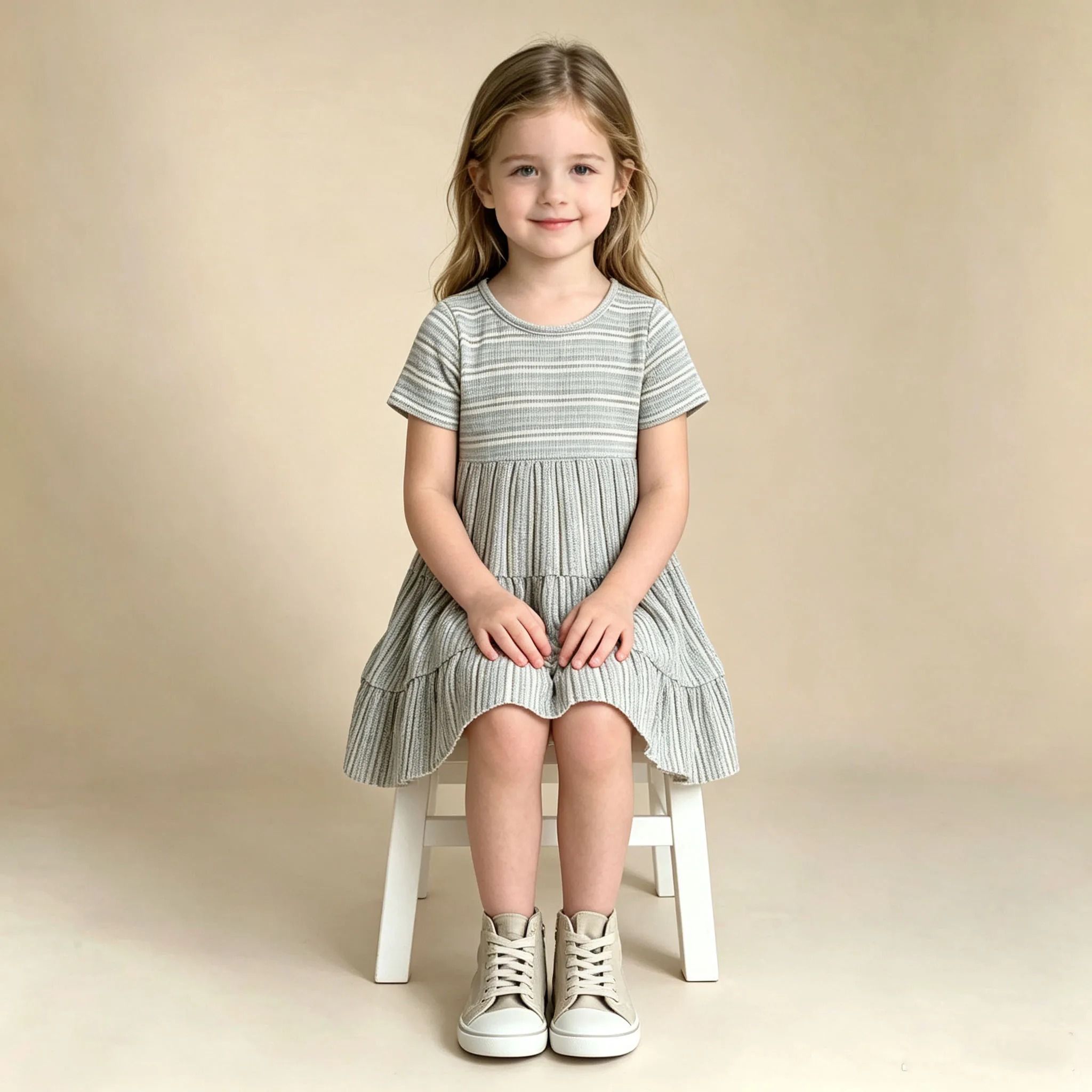2026 Baby Girls Summer Short Sleeve  Cartoon Rainbow Striped Casual Dress Cotton Clothes for Kids Children's Clothing 2-7 Years