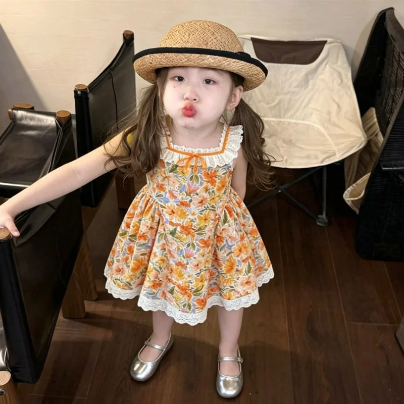 Girls' summer dress, children's holiday-style seaside cotton princess dress, baby girl's lace tank dress, lightweight