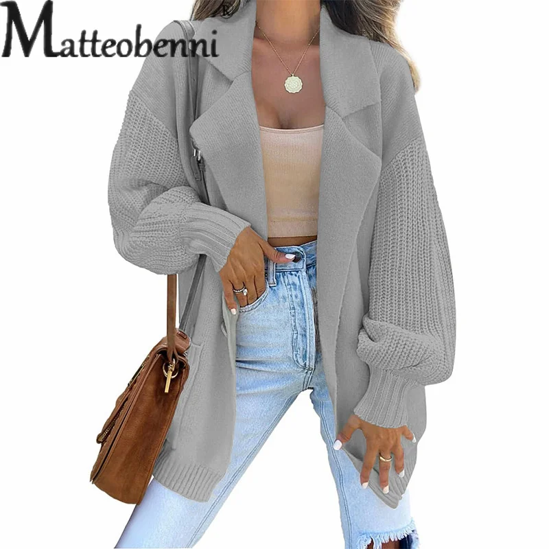 Fashion Blazer Neck One Button Splice Solid Color Sweater Autumn Women Two Pocket Jumpers Long Sleeve Knitted Outerwear Knitwear