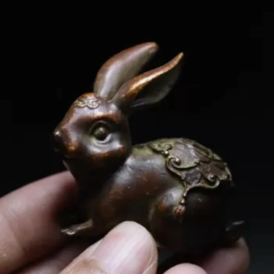 China Dynasty Folk Collect Old Antique Red Copper Animal Rabbit Art Small Statue