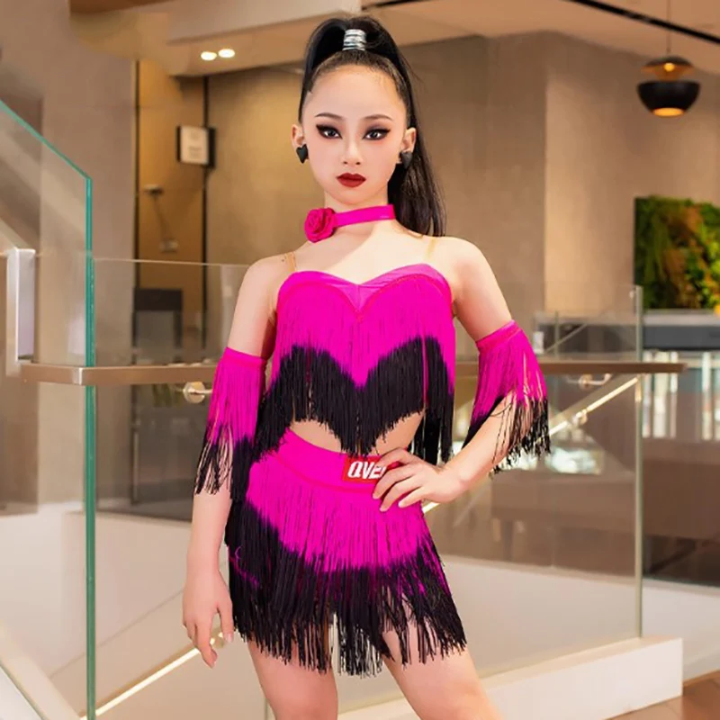 Kids Girls Latin Dancewear Children Competition Gradient Vest Top and Dance Tassels Skirts Rumba Dancing Performance Costume