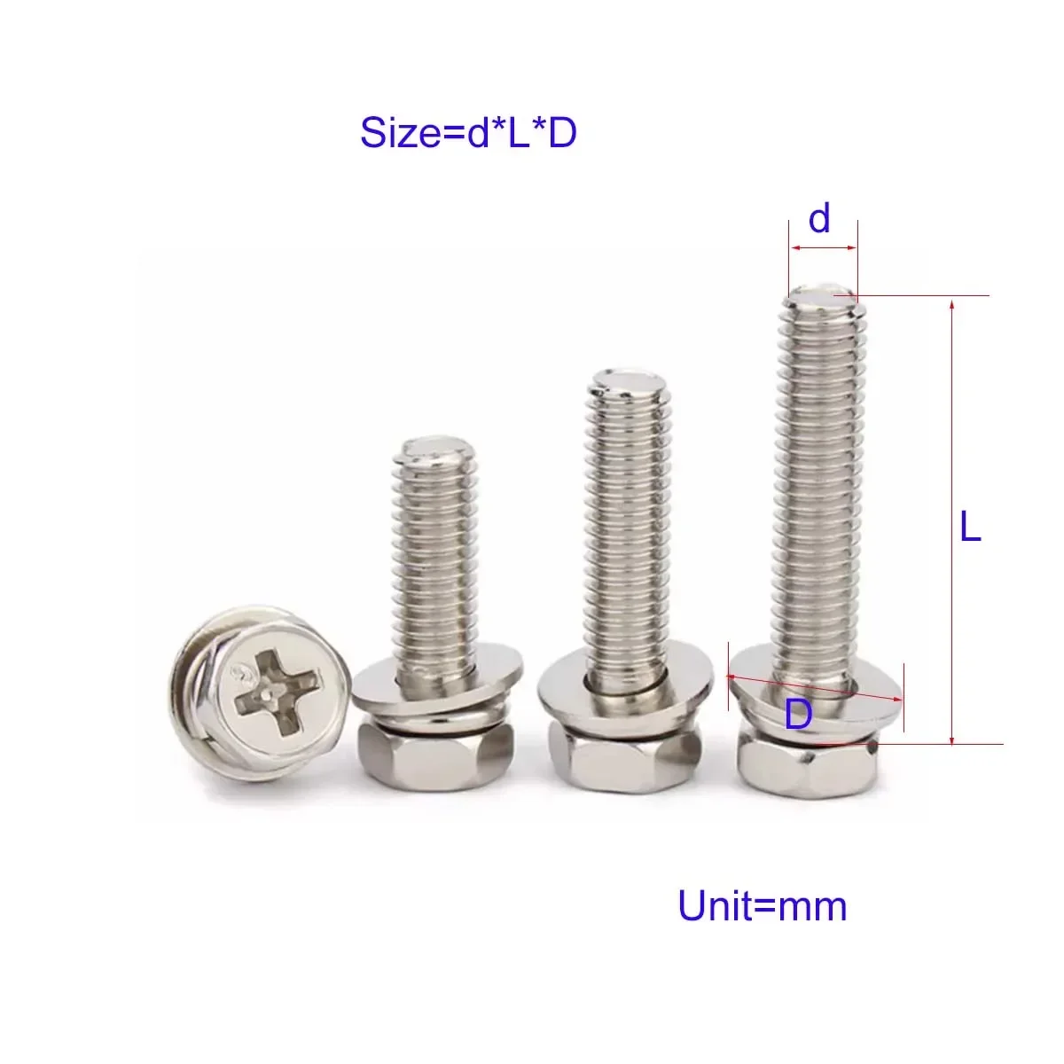 

Iron Plated Nickel Cross Groove External Hexagonal Triple Combination Screw With Flat Washer And Spring Washer Bolt
