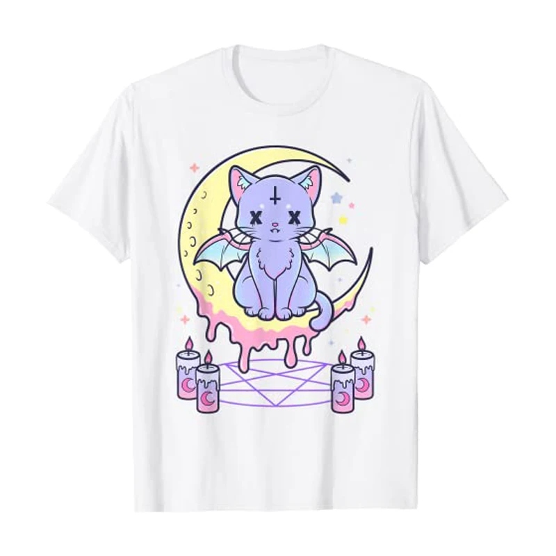 Kawaii-女性用パステルキャットプリントTシャツ,女性用黒猫Tシャツ,クリエイティブデザイン,ストリートTシャツ,y2k,XS-4XL