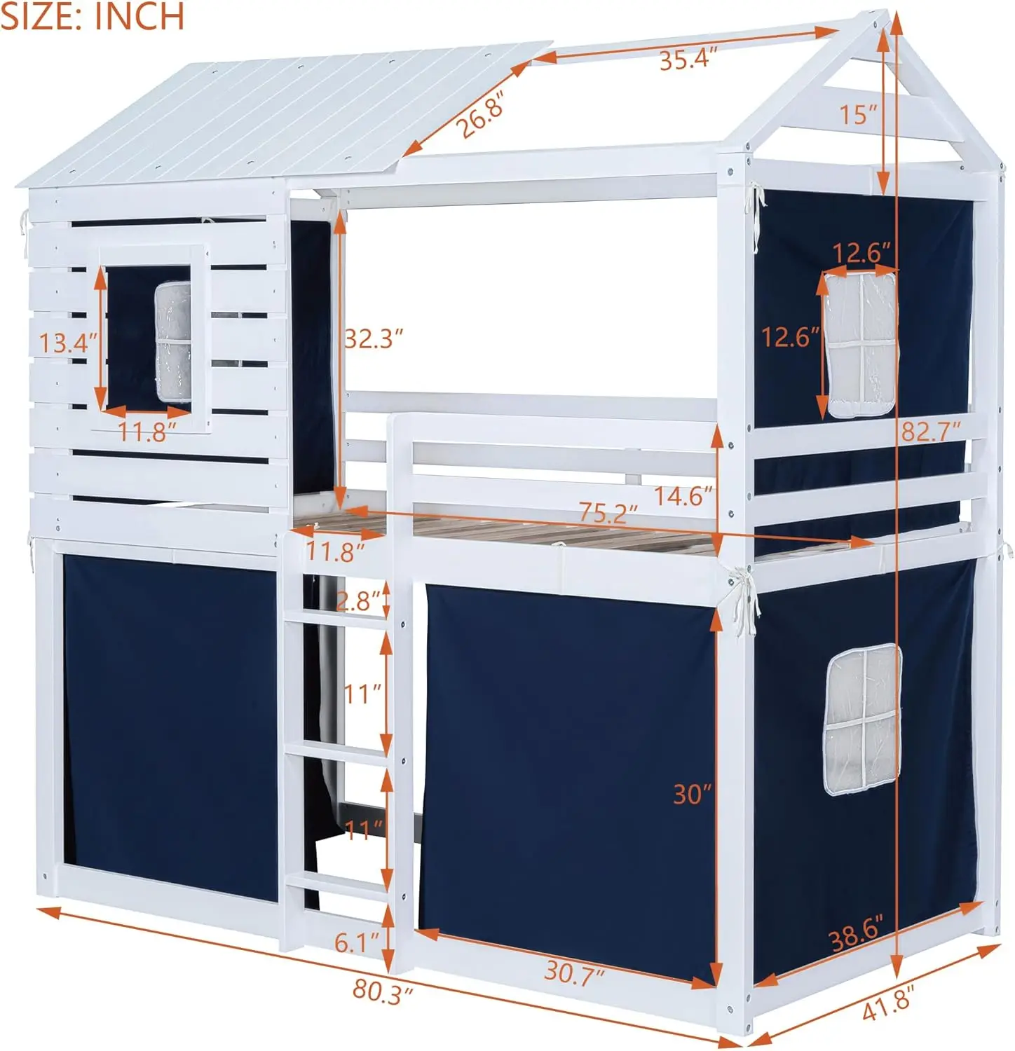 Linique-Lit de maison en bois superposé de taille double avec tente bleue, fenêtre, conception de toit de maison, lits superposés de plancher de taille jumelle, cadre pour garçons