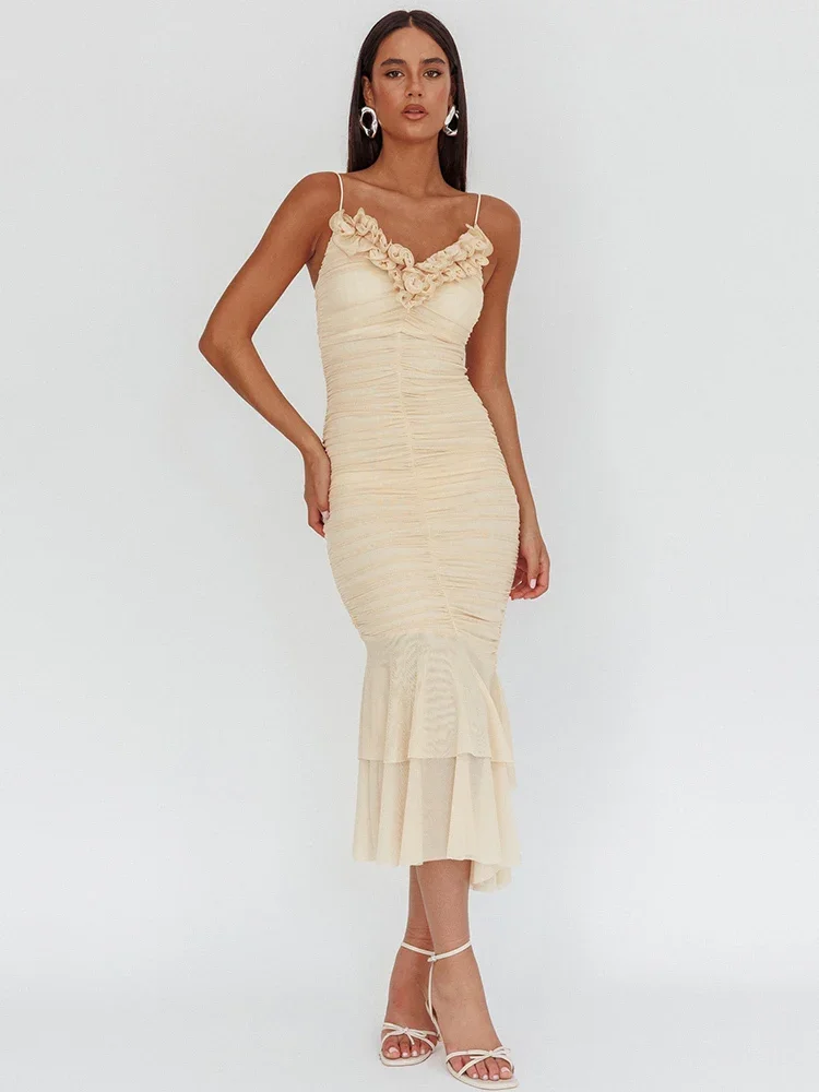 

XIAOTANG Rose V Neck Sexy Maxi Dress Women Gown Two Layer Mesh Spaghetti Strap Sleeveless Backless Bodycon Evening Long Dress