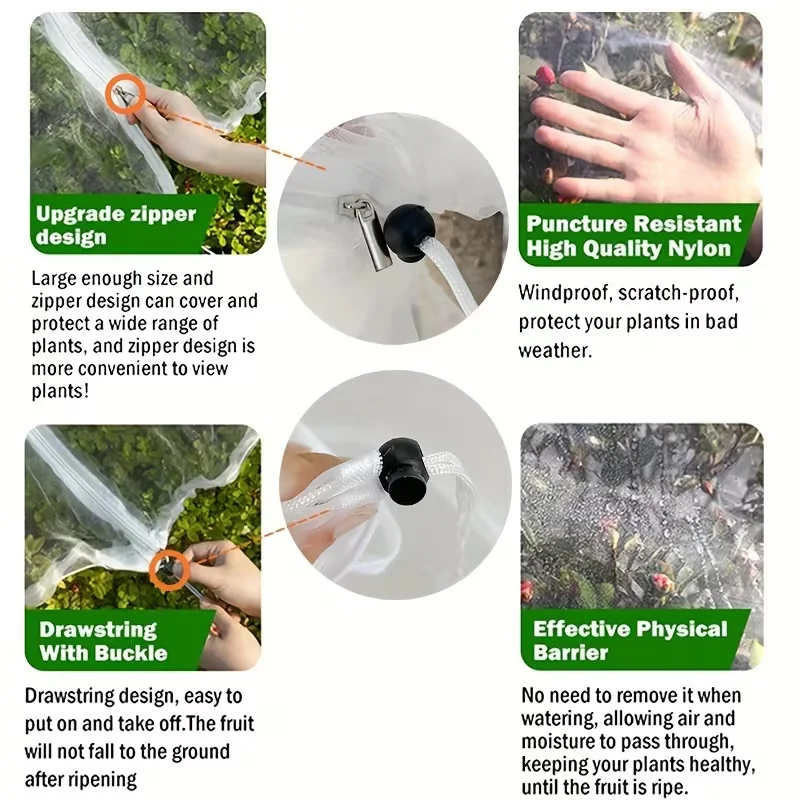 Extra Thick PE Garden Netting with Drawstring And Zipper Bird Barrier Mesh Cover for Fruit Citrus Flower Plant Protection