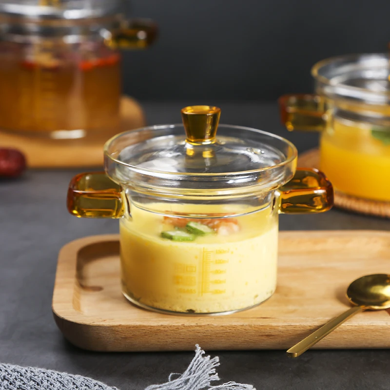 

Glass Stew Pot Home Steaming Egg Bowl Baby Food Bowl Dessert Bowl with Scale and Lid Waterproof Cup