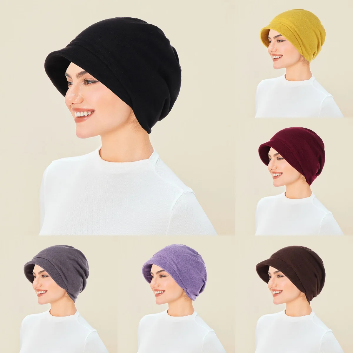 

New Fashion Brim Cap Solid Color Warm Windproof Caps Muslim Hijab Soft Headscarf Chemo Cancer Hair Loss Headwear Bonnet Turbante