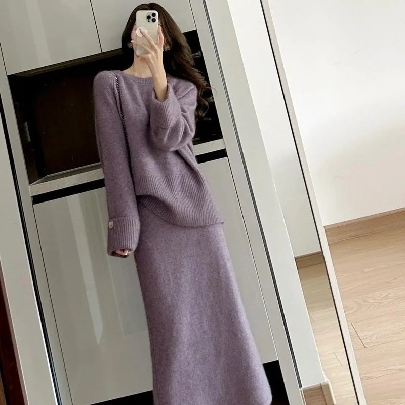 

Streetwear Two Piece Vintage Soft Knitted Suit 2025 Korean Casual Sweater Women Set O Neck Solid Loose Dress