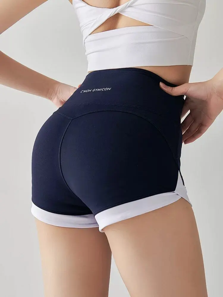 High waisted contrasting sports shorts for women's fitness, summer hip lifting, quick drying yoga three part pants for wearing,