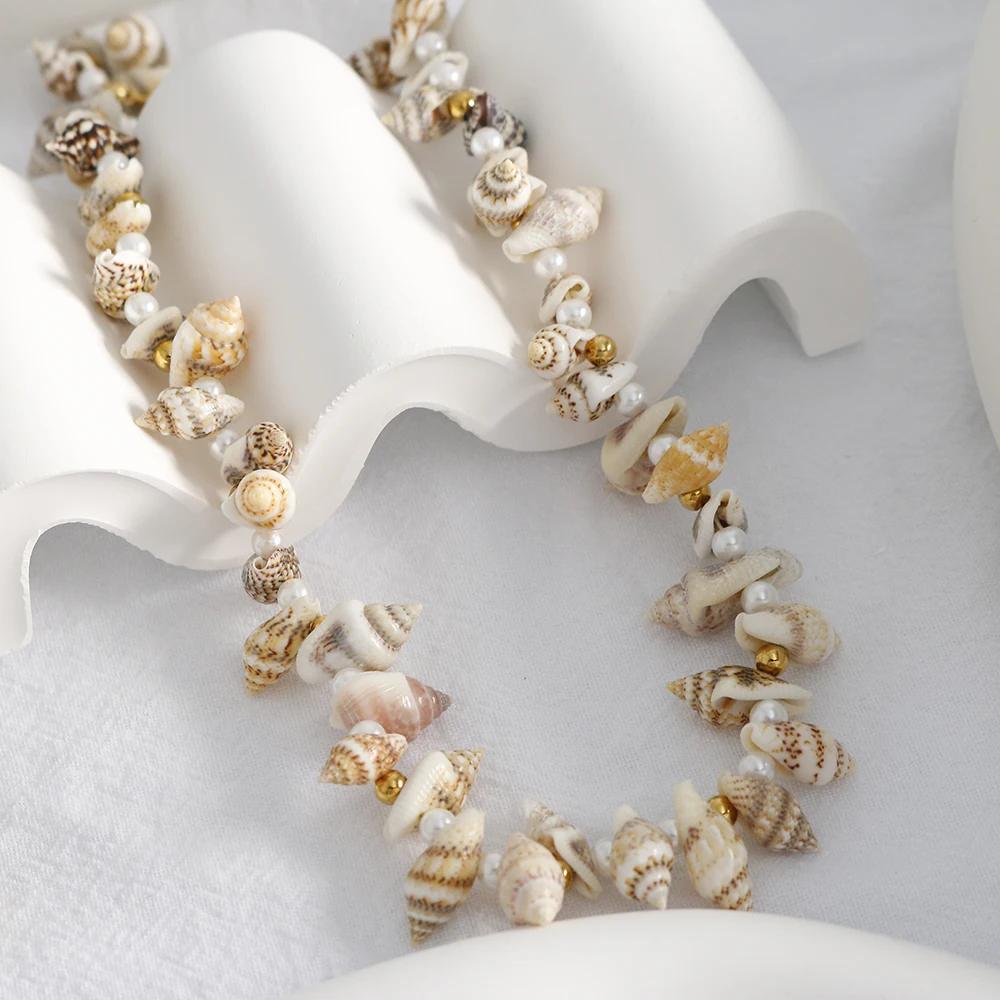 Original Ecological Natural Conch Pearl Necklace for Girl Beach Vacation Party Stainless Steel Choker High Quality Jewelry Women