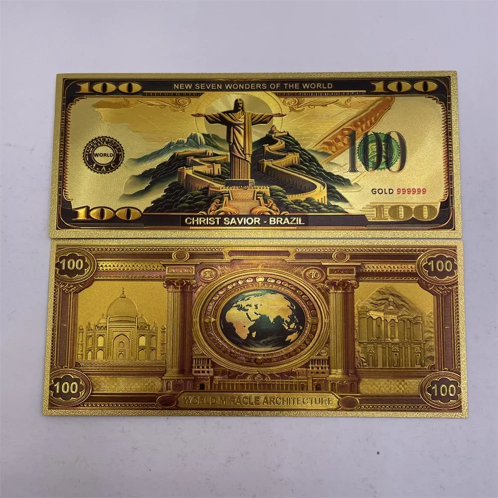 مجموعة الأوراق النقدية المصنوعة من رقائق الذهب سبعة عجائب لعام 2025 (تاج مهال والكولوسيوم والمزيد) - هدية 100 دولار