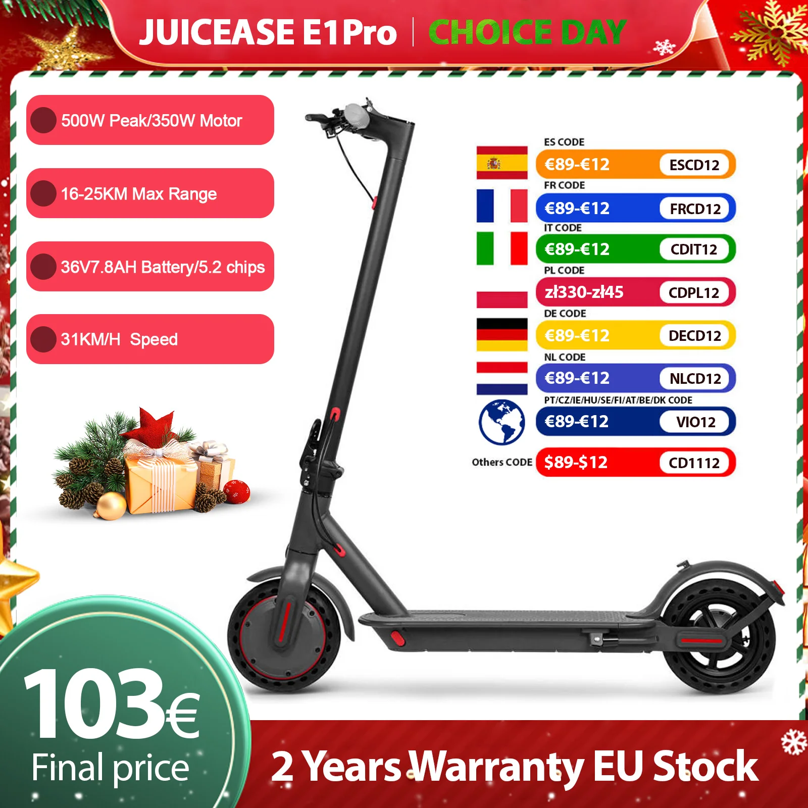 JUICEASE E1 Pro Electric Scooter 350W Motor 500W Peak Power Folding Electric Kick Scooter 36V7.8AH 5.2 Chips 25KM Range EScooter