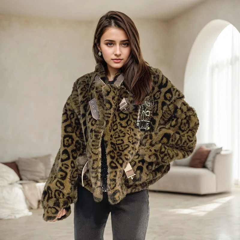 Leopardo impresso jaquetas femininas moda versátil diamantes gola de pele do falso cardigan casaco inverno nova pelúcia quente jaqueta curta