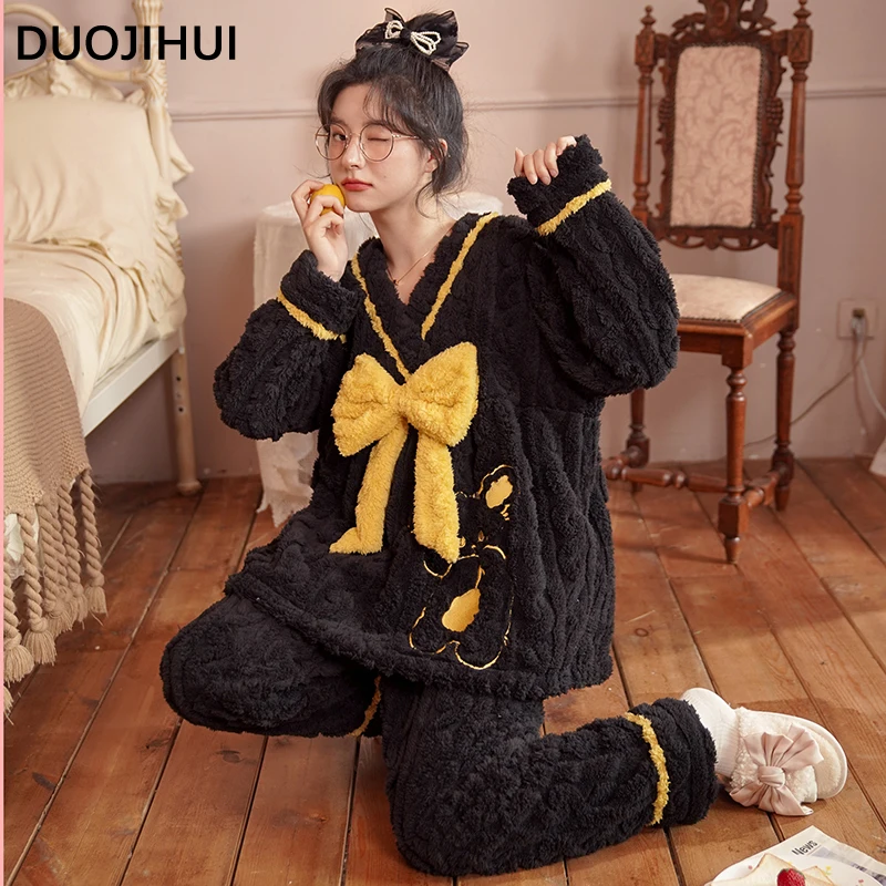 DUOJIHUI Winter Flannel Fashion Bow Female Pajamas Set Classic V-neck Pullovers Loose Simple Pants Casual Home Pajamas for Women