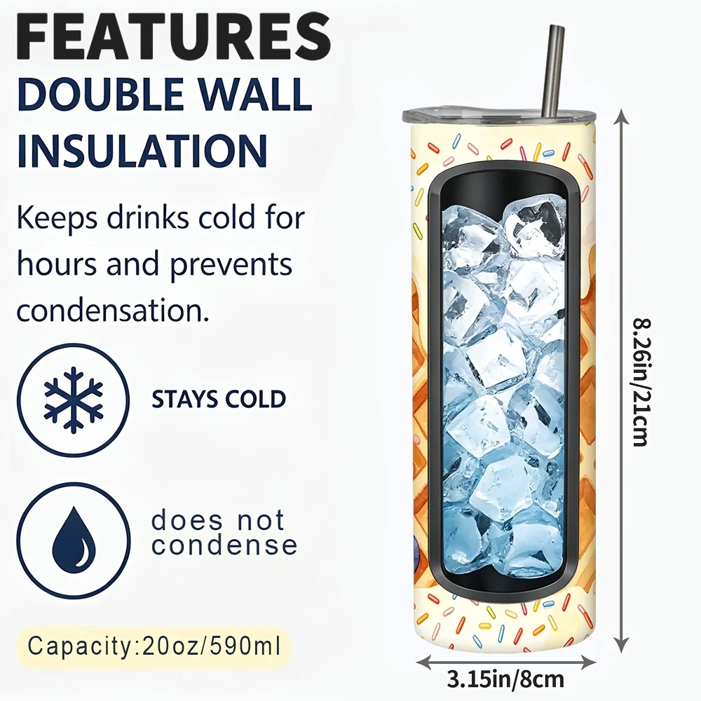 1pc/20Oz/590Ml/Double Wall Stainless Steel Insulated Skinny Tumbler with Straw And Lid, Outdoor Travel Coffee Mug, Festive Gift-Style Design with Waffle Texture, Dripping Cream, Berry Toppings And Colorful Sprinkles