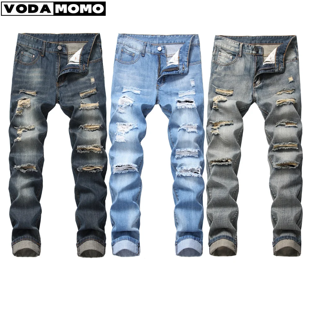 

Винтажные синие прямые джинсы, мужские брюки в стиле хип-хоп, модные облегающие рваные джинсы Hombre, повседневные потертые джинсовые брюки
