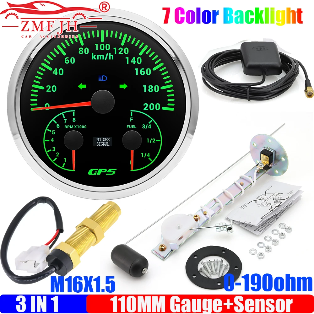 

ZMFJH 7-цветная светодиодная указка, датчик 110 мм, мульти-спидометр 3 в 1, GPS + тахометр + датчик уровня топлива + датчик, датчик дальнего света, поворотный свет