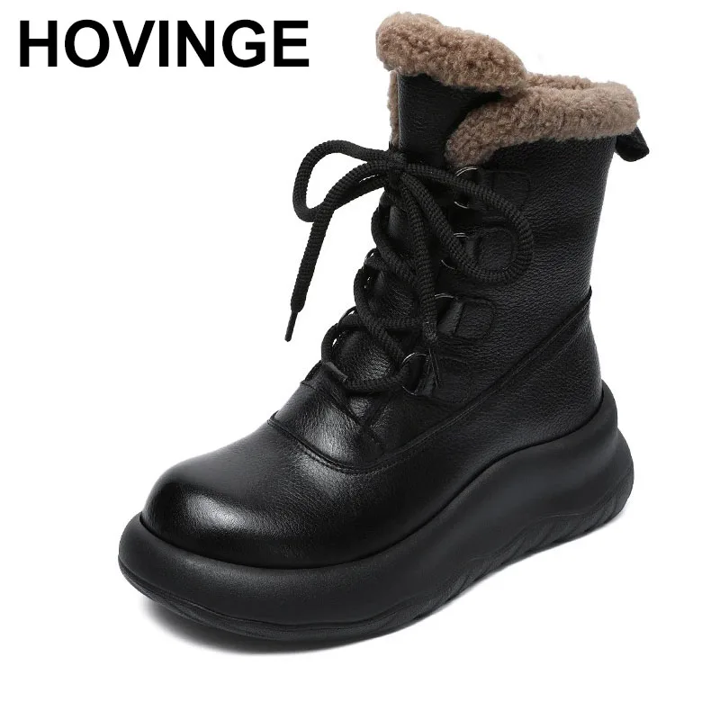 

5.5cm Genuine Leather Ankle Boots Winter Plush British Chunky Heels Booties Platform Wedge Shoes Autumn Women Zip Spring