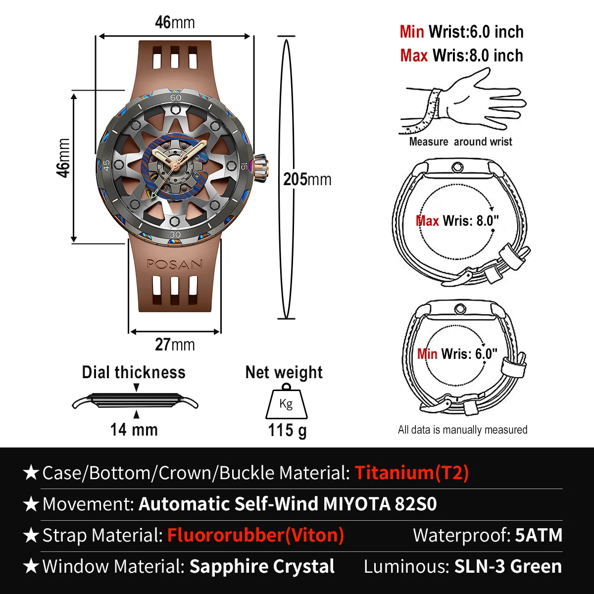 NEW Top Titanium Watch Men Automatic Luxury Timascus Sapphire Glass VITON Strap Unique Sports Watches Men\'s Reloj Wristwatch