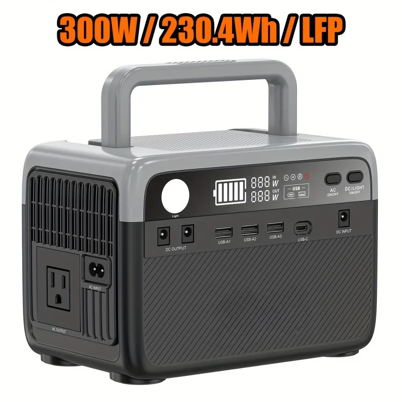 Portable Power Station-300W/230.4Wh Solar-Powered Generator with Rechargeable LiFePO4 Battery,110V/300W Pure Sine Wave AC Outlet