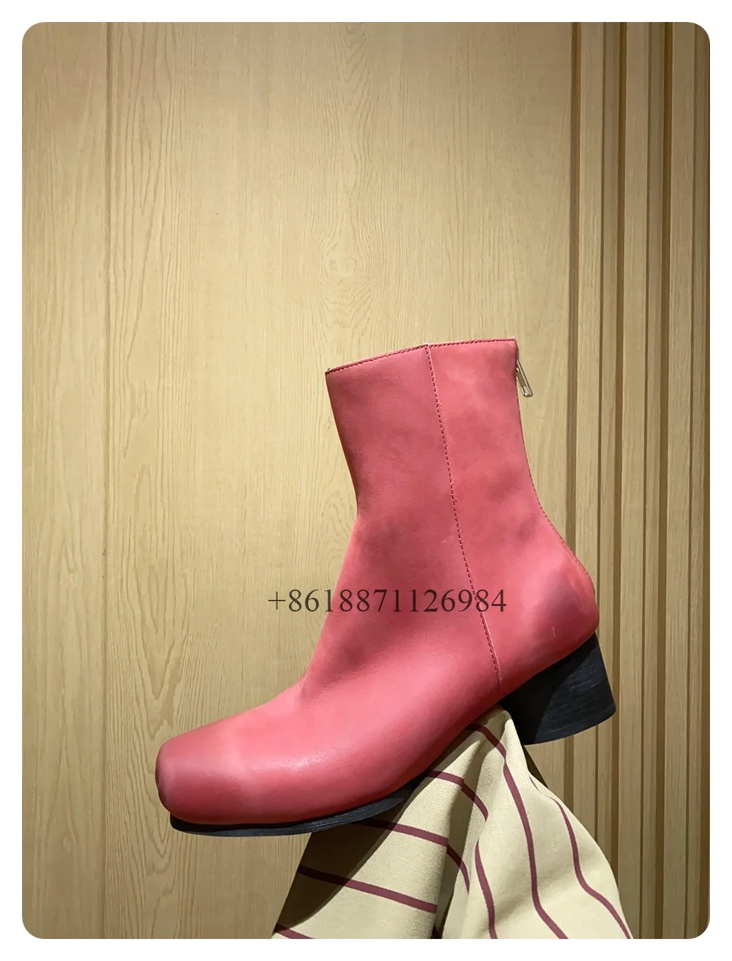 Genuine Leather Pink Pig Nose Square Toe Women Ballet Boots Round Middle Heels Back Zipper Design Fashion Show Shoes