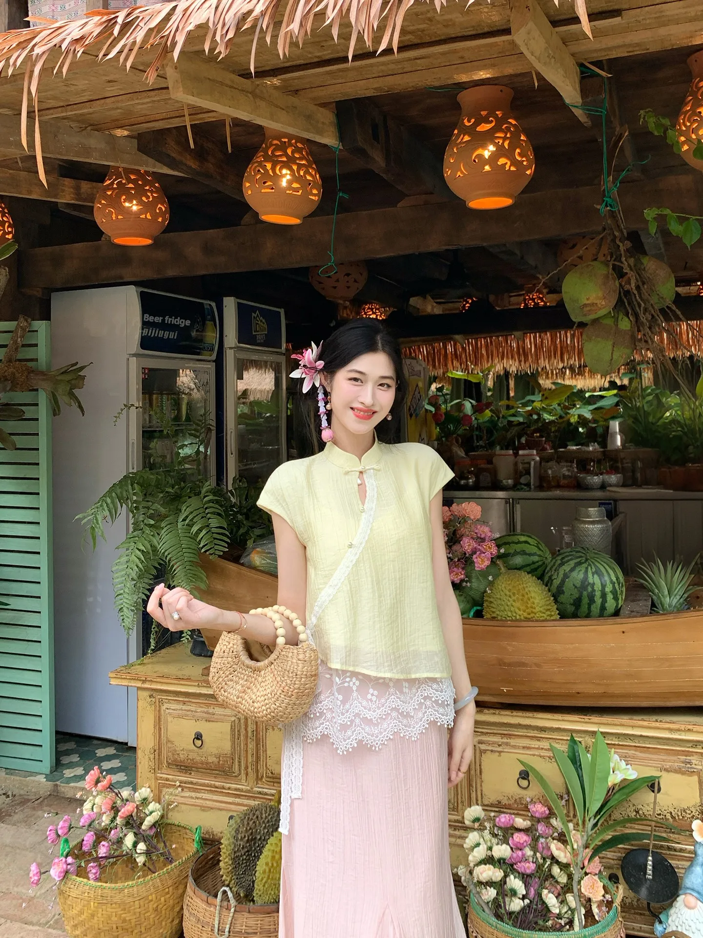 Lingshan Zhihe Women's Summer Lace Splice Silk Tailored Skirt Set High Waist Short Sleeve Shirt Fish Tail Half Body Skirt