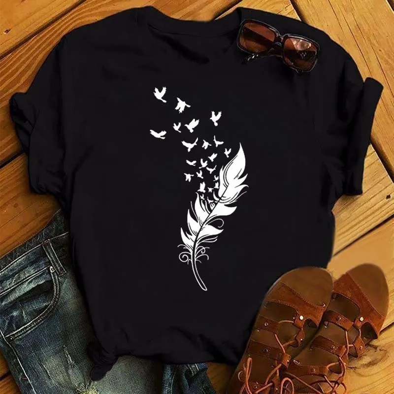 Fashion Women T Shirt Funny Butterfly Feather Print Tshirt T Shirt Summer Short Sleeve Tops Tee Female Feather T-shirts Kawaii