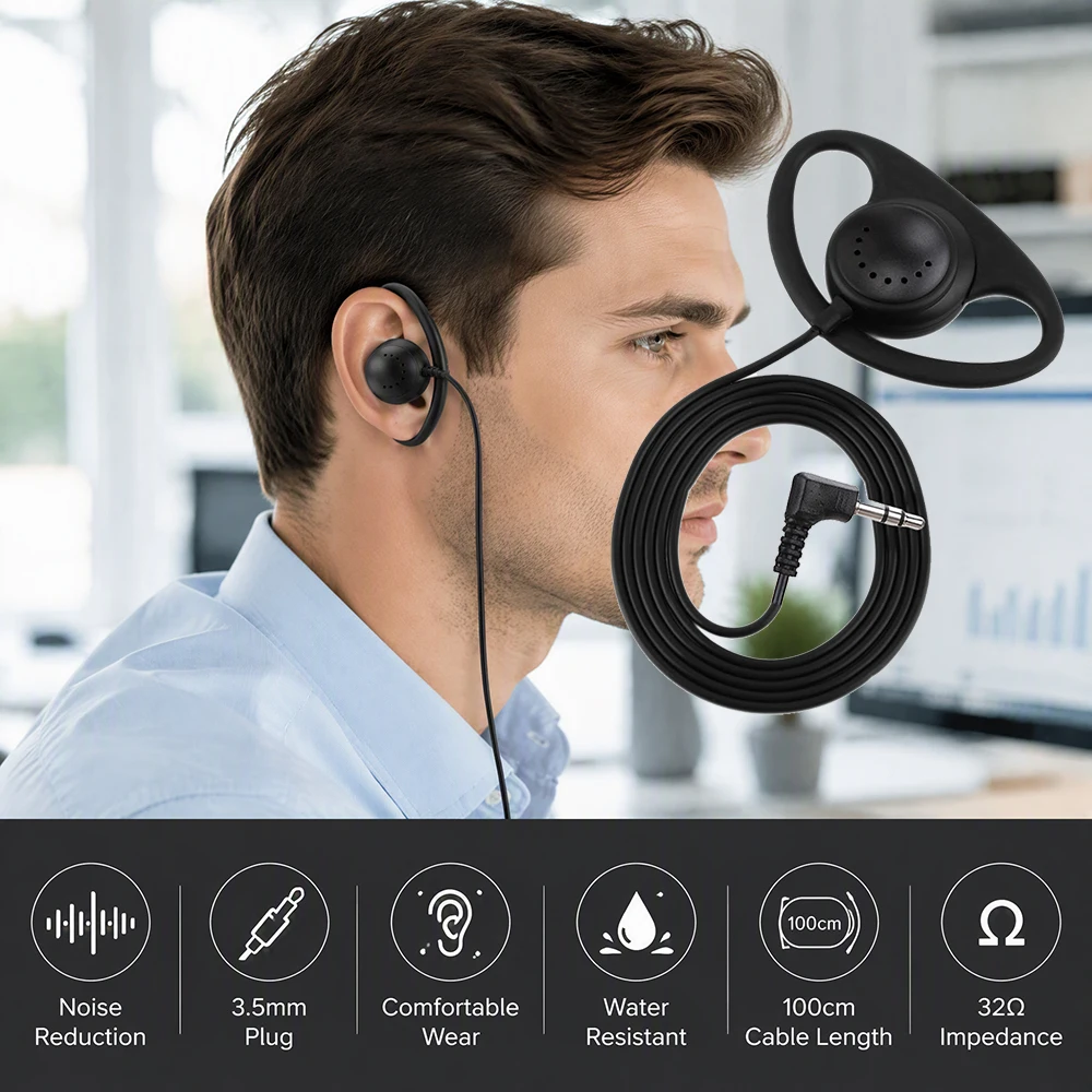D Shape Soft Ear Hook Earpiece 3.5mm Single Earpiece Earphones Noise Isolating Headphone for Security Hotel No Mic