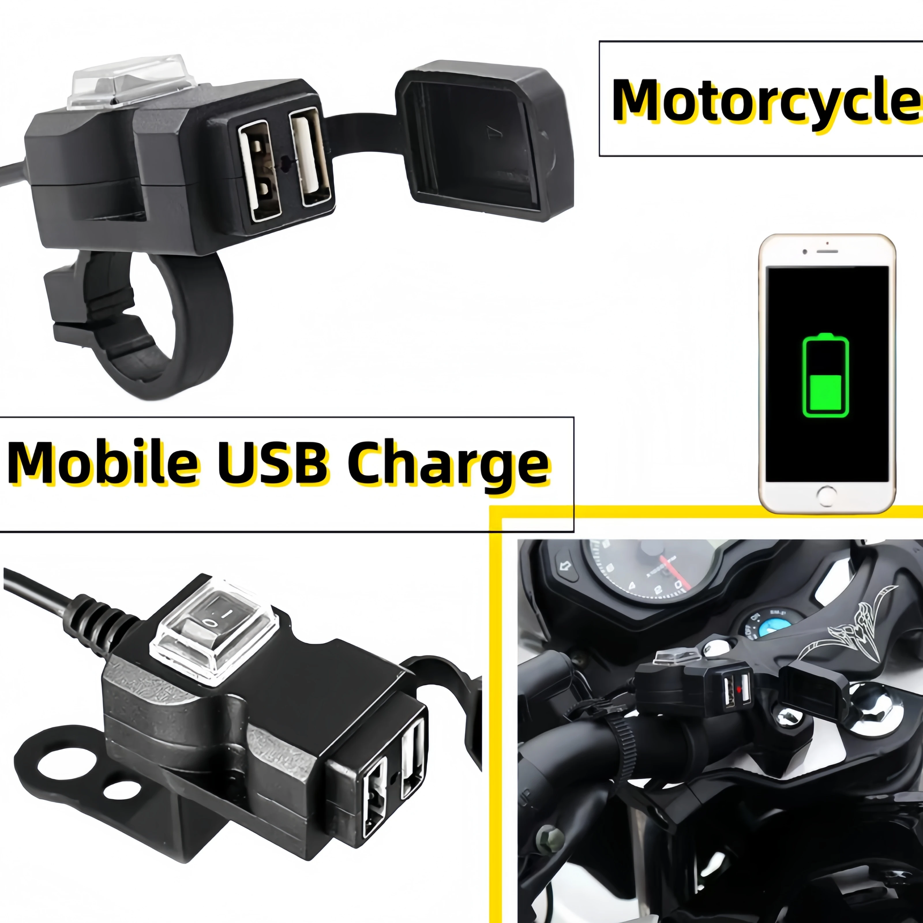 Motorcycle Phone Charger with Mount 2.1A Fast USB Adapter with Voltmeter Switch 1.2M Cable Waterproof for Handlebar Mirror