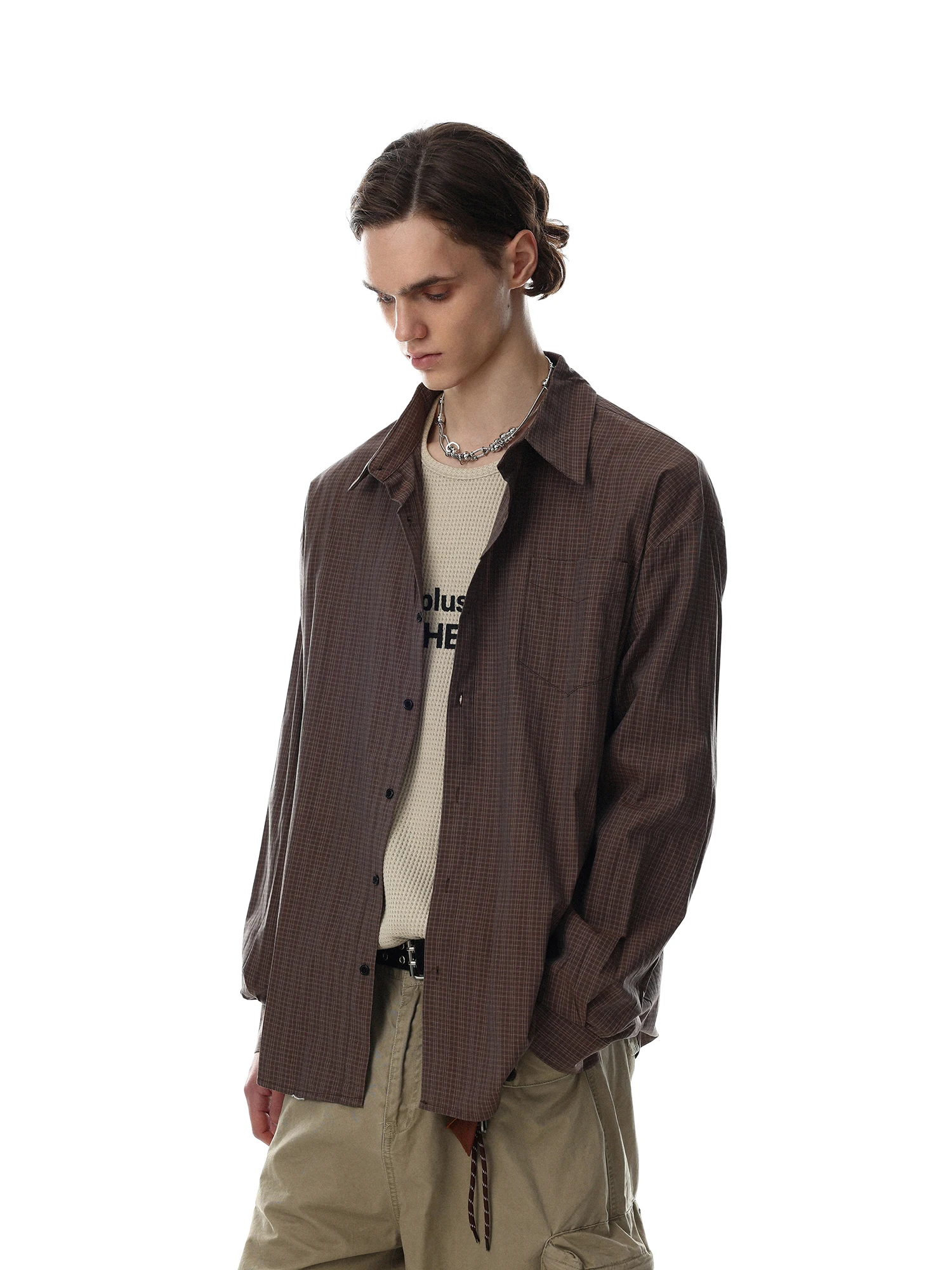 American Retro Plaid Splicing Long Sleeve Loose Men's Casual Shirt Commuter Versatile Cotton Flannel Breathable Outerwear