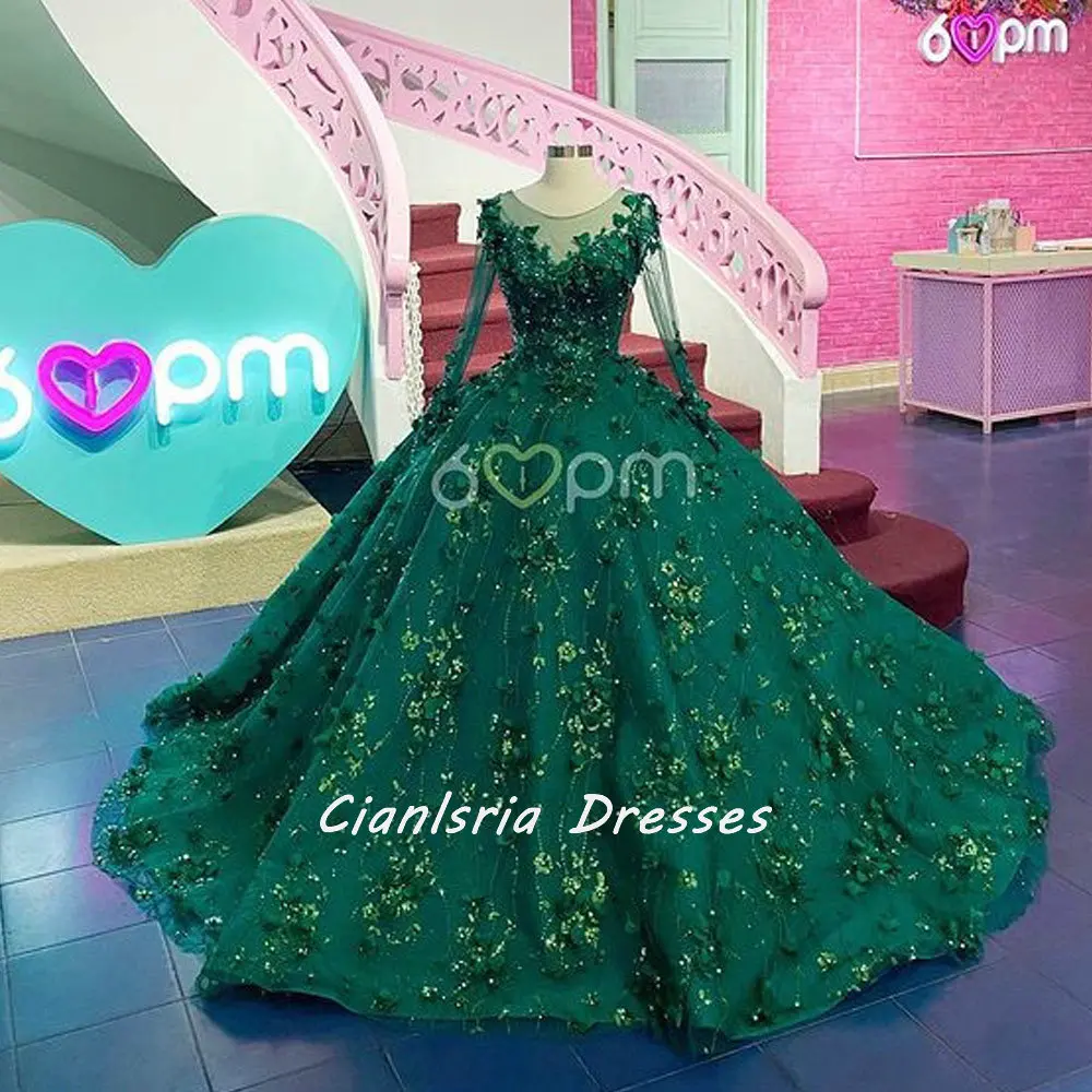 

Emerald Green Sequined Crystal Corset Mexican Quinceanera Dress Ball Gown Long Sleeve Beading 3D Flowers Vestido De XV Anos