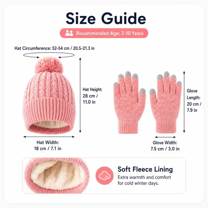 Kids Winter Knit Hat Touchscreen Gloves Set Fleece Line Warm Pom Beanie Elastic Soft Outdoor Snow Ski Cap Gloves Accessory 3-10Y - view 5